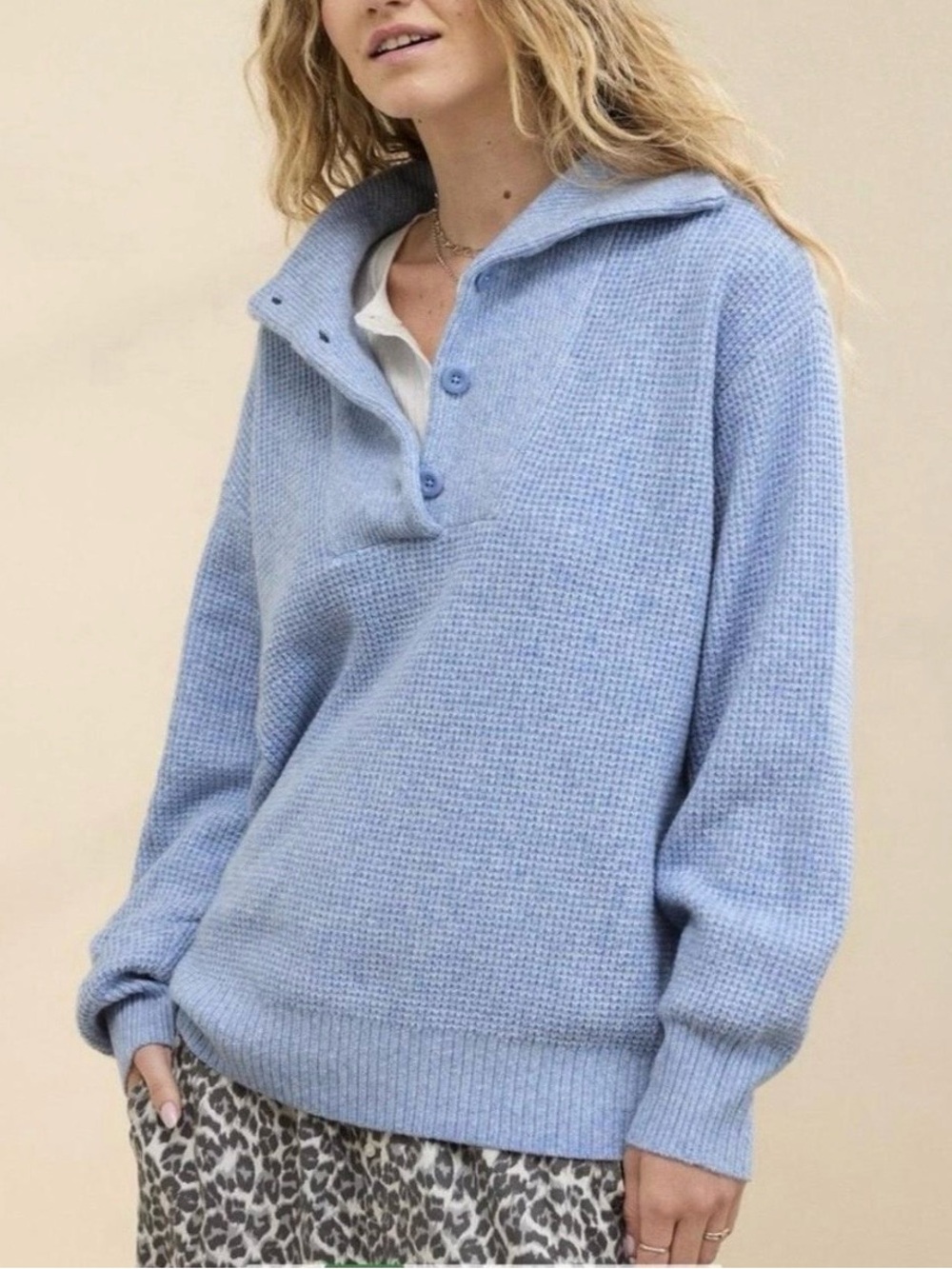 aerie Light Blue Knit Pullover with Fold-Over Collar